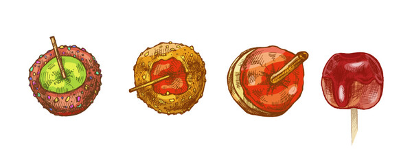 Hand drawn vintage sketch set of caramel apples with glaze, nuts and candy coating in festive color version