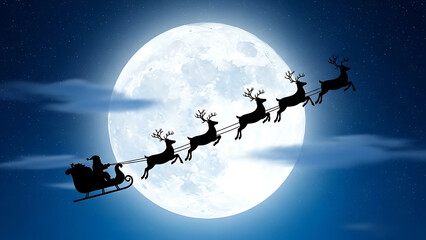 A silhouette of Santa Claus in his sleigh with reindeer flying across the night sky in front of a bright full moon.
