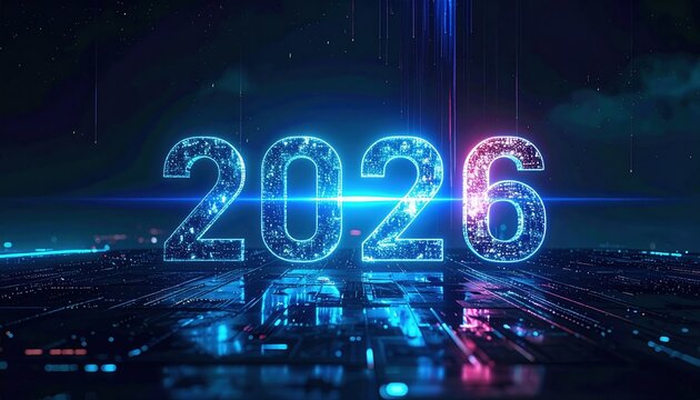Futuristic glowing neon 2026 numbers with digital cyber background in blue light.
