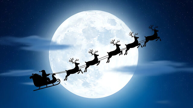 A silhouette of Santa Claus in his sleigh with reindeer flying across the night sky in front of a bright full moon.