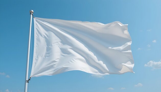 Stunning pure white flag billowing majestically against a clear blue sky, symbolizing peace, surrender, or a fresh start for your projects.