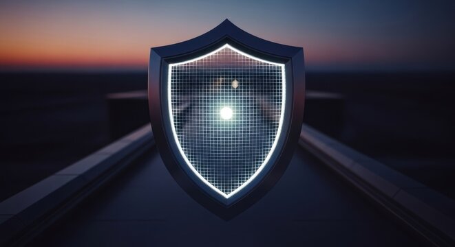 Glowing grid-patterned shield stands on a dark, futuristic road with a sunset horizon