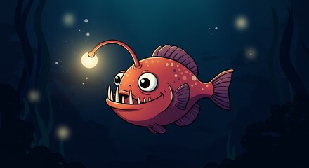 Cartoon illustration of a deep sea anglerfish with glowing lure in dark ocean