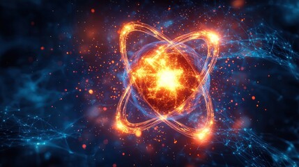 Fototapeta premium Glowing fiery atom structure with orbiting particles on a dark, networked background