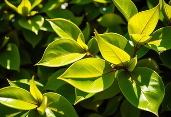 Vibrant, glossy green leaves reflecting sunlight, leaf, plant life