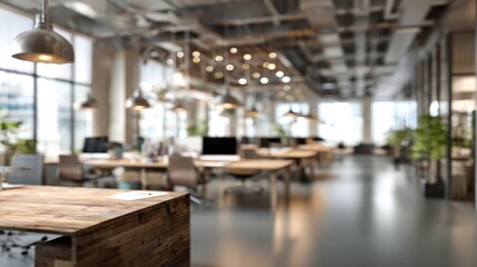 Fototapeta premium Blurred contemporary open office interior creating an atmospheric business background. Featuring empty wooden desks and hanging lamps