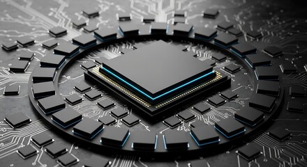 High quality image of closeup view of a modern computer processor chip with intricate circuitry and surrounding components on a dark surface