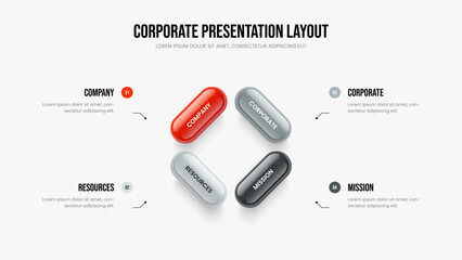 Company Visualization Four Option Infographic Frame Template. Modern Insight 4 Step Diagram Slide Layout. Financial Plan Presentation Design Vector Illustration.