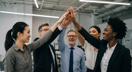 Obraz premium Diverse group of colleagues celebrating success in an office setting