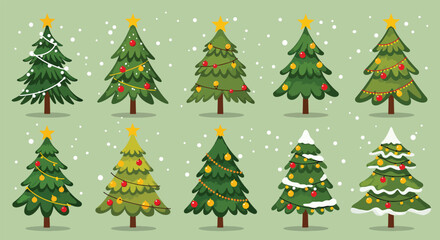 Collection of Decorated Christmas Trees with Snowflakes.