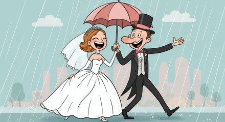 Illustration of a happy couple walking under an umbrella on their wedding day in the rain