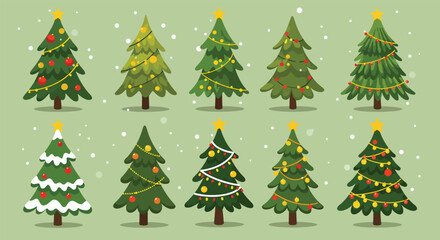 Collection of ten decorated Christmas trees with festive ornaments and lights.