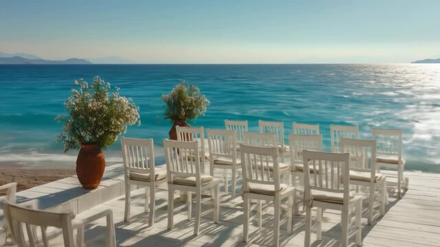 Rows of white chairs on a wooden deck face a bright blue ocean under a clear sky