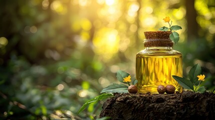 Golden oil bottle on wood with nuts, leaves, flowers in sun-dappled forest background