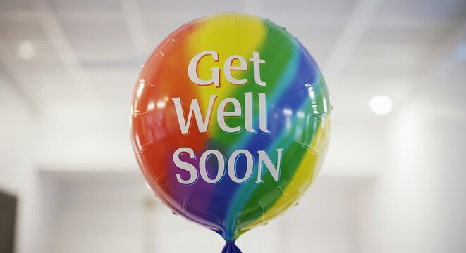 Rainbow balloon with get well soon message for celebratory or decorative uses