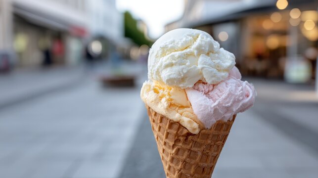 Multi scoop ice cream cone featuring vanilla, peach, and strawberry flavors, offering a refreshing sweet dessert on a warm summer day in a lively city street environment
