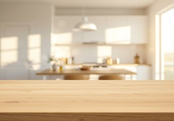 Product display mockup template featuring a natural wooden surface against a bright, out-of-focus, sunlit kitchen interior