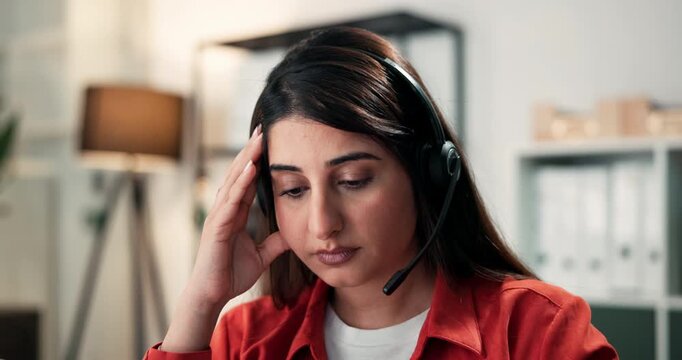 Frustrated, woman and consultant with stress or headset in office for difficult customer or mistake. Female person, agent or annoyed with migraine or mic for virtual assistance, pressure or strain