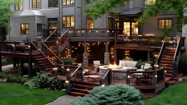 Outdoor deck with fire pit and decorative lighting at dusk
