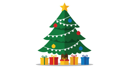 Festive Green Christmas Tree Adorned with Colorful Ornaments and Gifts.