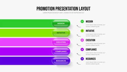 Sales Overview Frame Layout Vector Illustration. Enterprise Review Five Step Infographic Slide Template. Company Strategy 5 Option Diagram Slideshow Design.