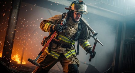 Fototapeta premium Firefighter in action, amidst smoke and flames at emergency intervention