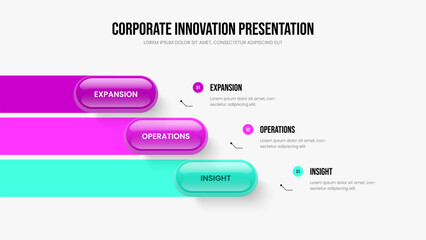 Digital Showcase Three Step Diagram Presentation Layout. Professional Planning 3 Element Infographic Slide Design. Consulting Insight Slideshow Template Vector Illustration.