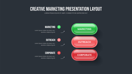 Fototapeta premium Service Launch Frame Layout Vector Illustration. Professional Overview Three Step Infographic Presentation Design. Creative Growth 3 Element Diagram Slideshow Template.