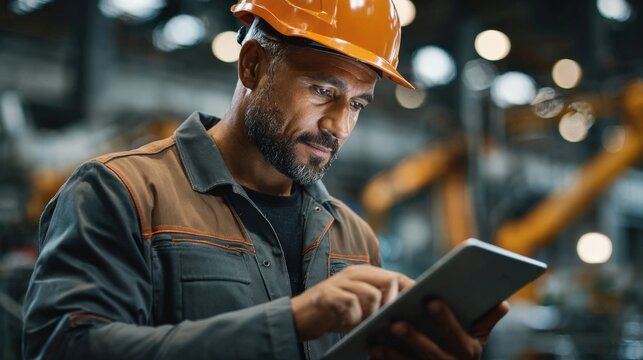 industrial engineer reviewing factory layout on tablet, wearing safety gear, background of automation equipment