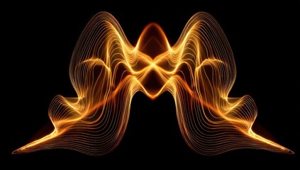 Obraz premium Abstract, symmetrical, golden, glowing light trails on black, resembling a winged form