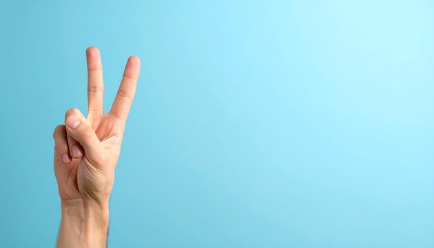 Male hand showing two fingers up greeting gesture on blue background. Peace or victory sign concept for communication and positivity.