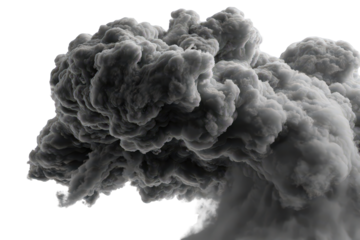 Dense Billowing Gray Smoke Cloud Against Transparent Background Depicting Volcanic Eruption or Explosion