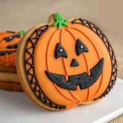 Halloween-themed cookie designed to look like a jack-o'-lantern with black icing for the face and green icing for the stem. The cookie is placed on a Halloween background decoration.