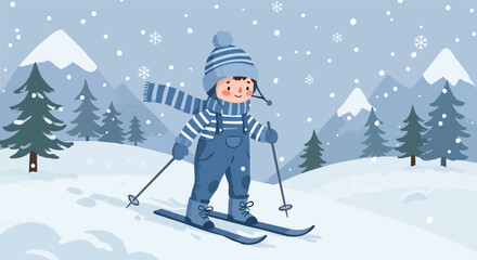 Young child skiing down a snowy mountain slope in winter.