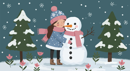 Young Girl Hugging a Snowman in a Winter Wonderland Scene.