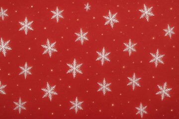 Red background with white snowflakes and small dots, festive winter pattern.