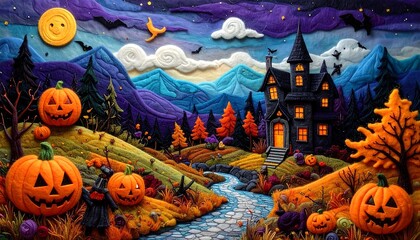 Enchanting Claymation Halloween Valley with a Haunted Mansion and Smiling Moon.