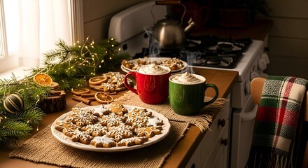 Festive Kitchen Still Life: Gingerbread Cookies, Hot Cocoa, and