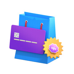 3D Rendered Shopping Bag with Credit Card and Discount Tag Icon