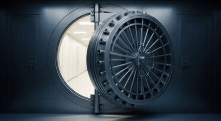 Fototapeta premium Heavy steel vault door ajar, revealing bright, long, secure storage corridor inside