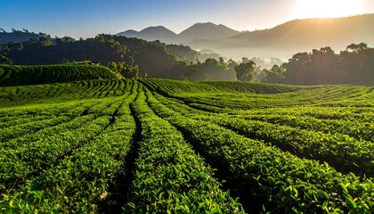 Naklejka premium Aerial view of tea plantations forming natural green patterns on hillside. Fresh and tranquil landscape.