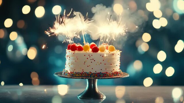 Happy birthday card with cake, burning sparklers and festive background with bokeh and confetti