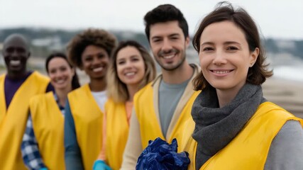 A diverse group of volunteers dressed in yellow vests smiles as they participate in a beach cleanup, emphasizing community spirit and environmental stewardship. - Powered by Adobe