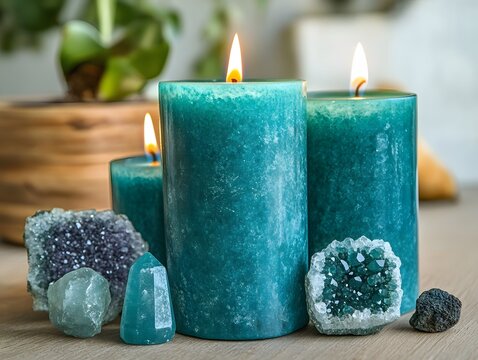 Teal Candles and Green Crystals Still Life Photography