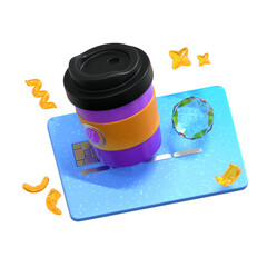 3D Render Coffee Cup and Gemstone on Credit Card Design Illustration