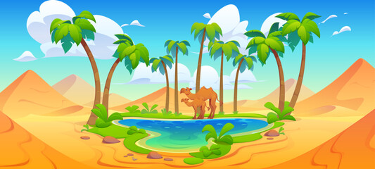 Middle East or Egypt desert oasis landscape with palms and camels. Vector background of cartoon oasis nature landscape with sand dunes, palm trees and green plants, camel animals, river or lake water