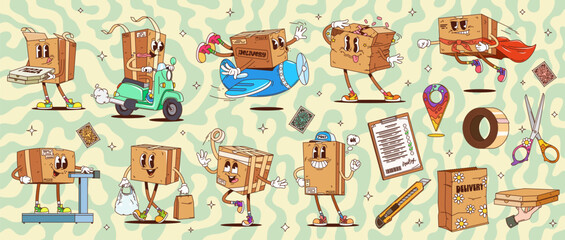 Fototapeta na wymiar Cartoon groovy delivery cardboard box characters, vector post and delivery service. Retro psychedelic carton box, cardboard parcel and brown paper package characters with postage stamps and duct tape
