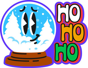 Christmas holiday glass snowball Y2K groovy sticker or symbol. Christmas funky Y2K sticker, winter holiday vector patch. Xmas celebration vintage tag with glass snowball cute character and typography