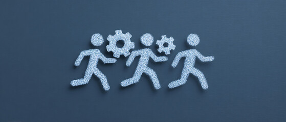 Illustration of people figures with integrated gears, symbolizing continuous business teamwork, collaborative process, efficiency, and organizational success.