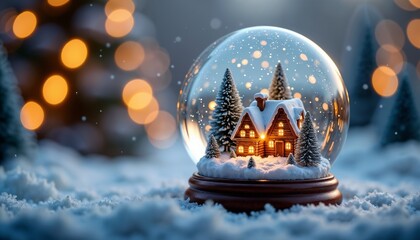 A snow globe containing a small, illuminated house surrounded by snow-covered trees. Soft snowflakes fall inside the globe, creating a winter wonderland effect.